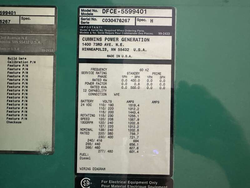 Used Cummins DFCE NTA855-G5 Diesel Generator, 637 Hrs                            