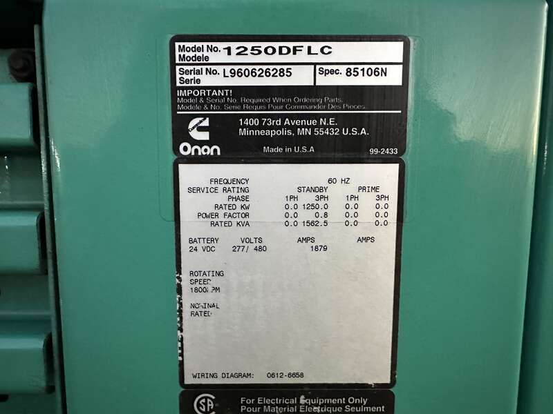 Used Cummins DFLC KTA50-G3 Diesel Generator, 700 Hrs                            