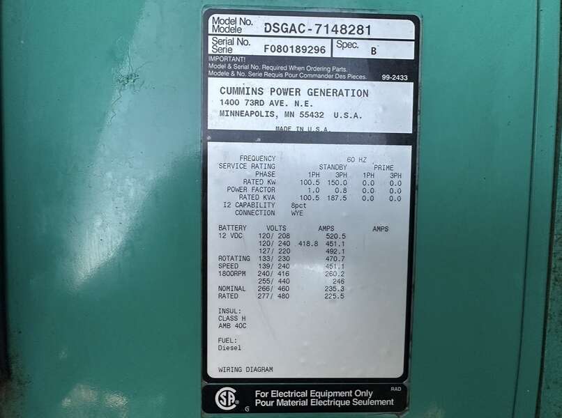 Used Cummins DSGAC QSB7-G3 NR3 Diesel Generator, 795 Hrs, EPA Tier 3                            