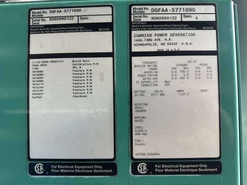 Used Cummins DQFAA QST30-G5 NR2 Diesel Generator, 466 Hrs, EPA Tier 2                            