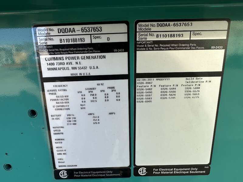 Used Cummins DQDAA QSL9-G3 NR3 Diesel Generator, 239 Hrs, EPA Tier 3                            